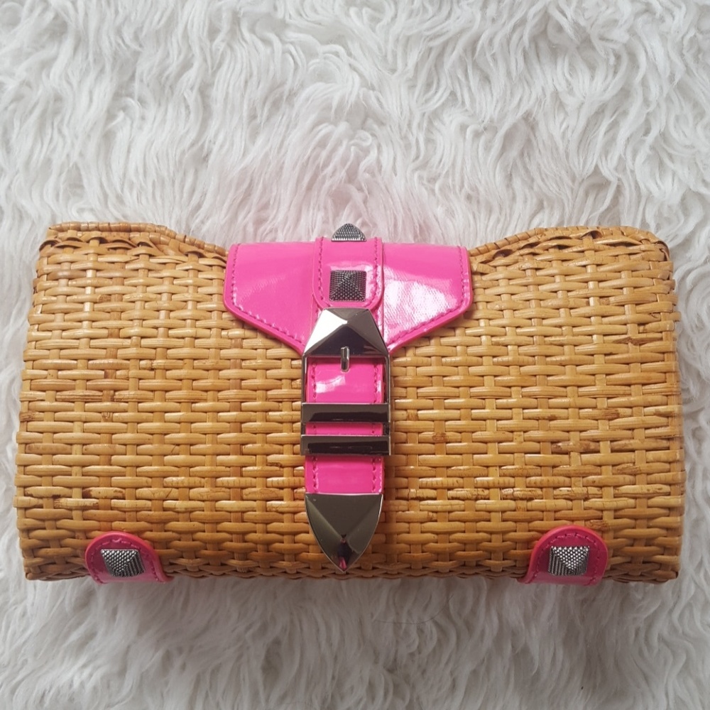 NWT REBECCA MINKOFF PINK PATENT WICKER BASKET BAG WICKER CLUTCH